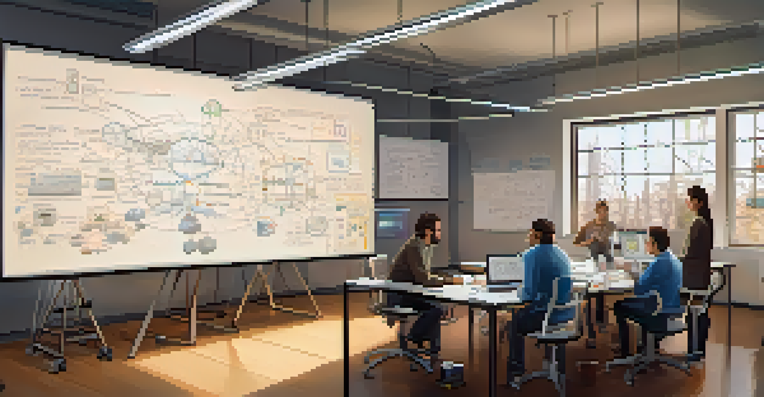 A group of neuroscientists and engineers collaborating around a whiteboard filled with diagrams in a warmly lit lab.