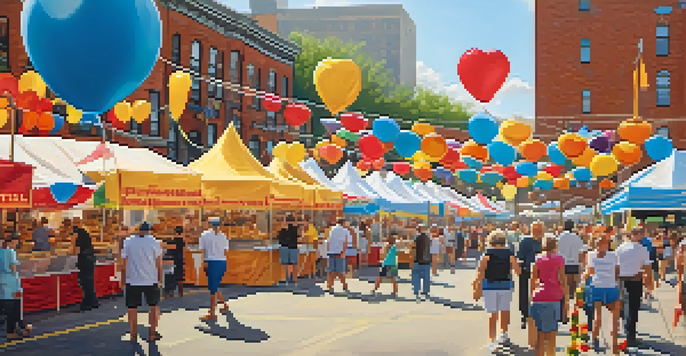 A busy food festival with colorful pierogi stalls and people enjoying food, set in a sunny outdoor environment.