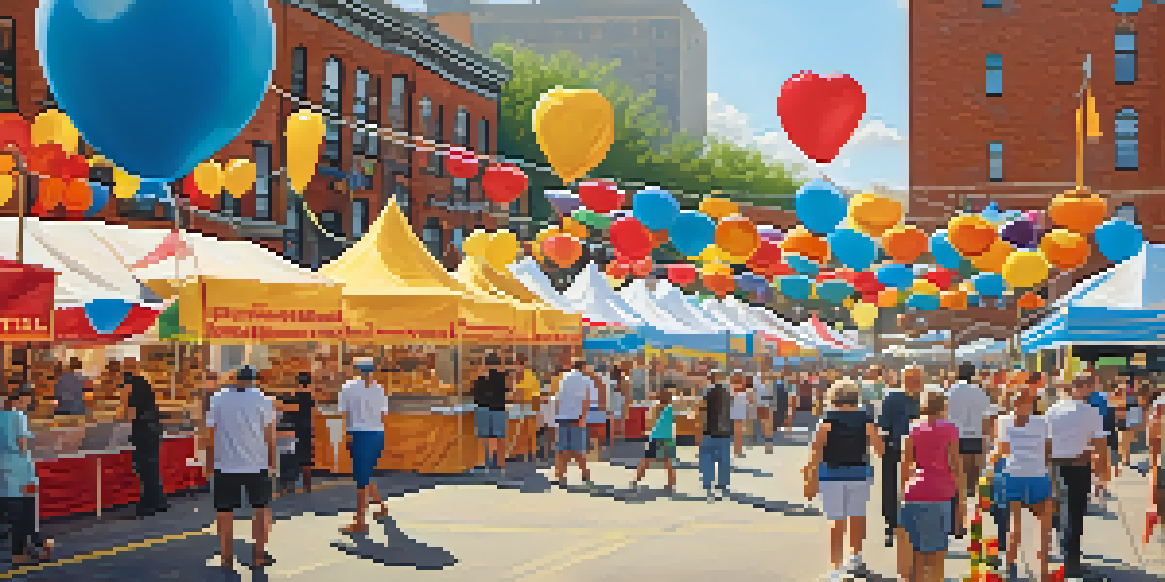 A busy food festival with colorful pierogi stalls and people enjoying food, set in a sunny outdoor environment.