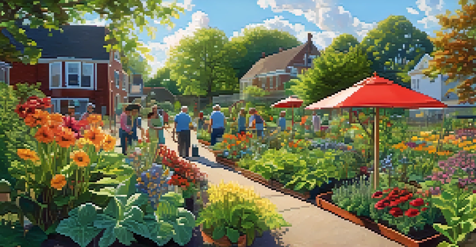 A community garden in Pittsburgh filled with colorful flowers and diverse people gardening together under a bright sky.