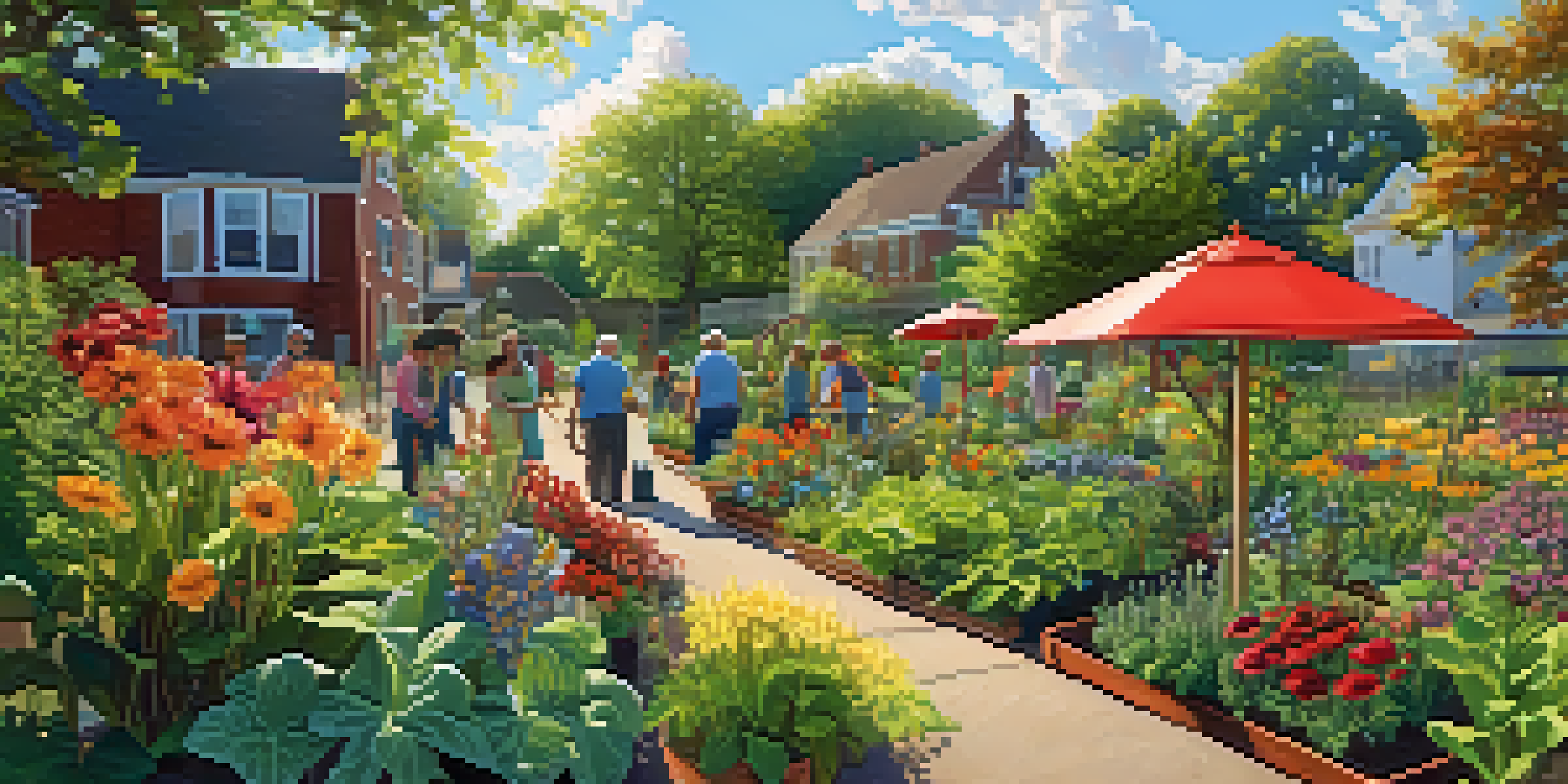 A community garden in Pittsburgh filled with colorful flowers and diverse people gardening together under a bright sky.