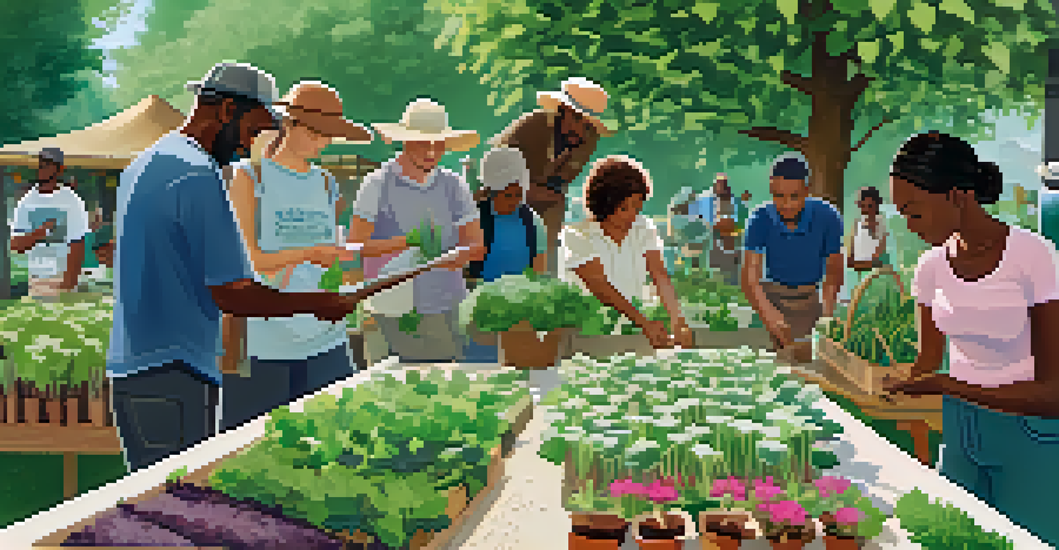 A community workshop in a city park with residents learning about urban farming, surrounded by greenery and blooming flowers.