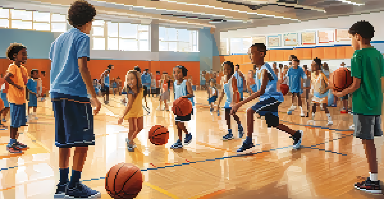 Children practicing basketball drills at a youth sports clinic, with a coach guiding them in a community gym filled with parents.