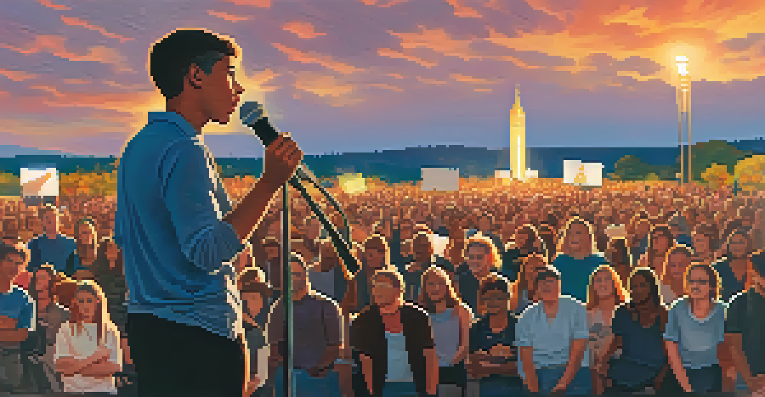 A young climate activist speaking on stage at a public event in Pittsburgh, with an audience listening and a banner promoting renewable energy in the background.