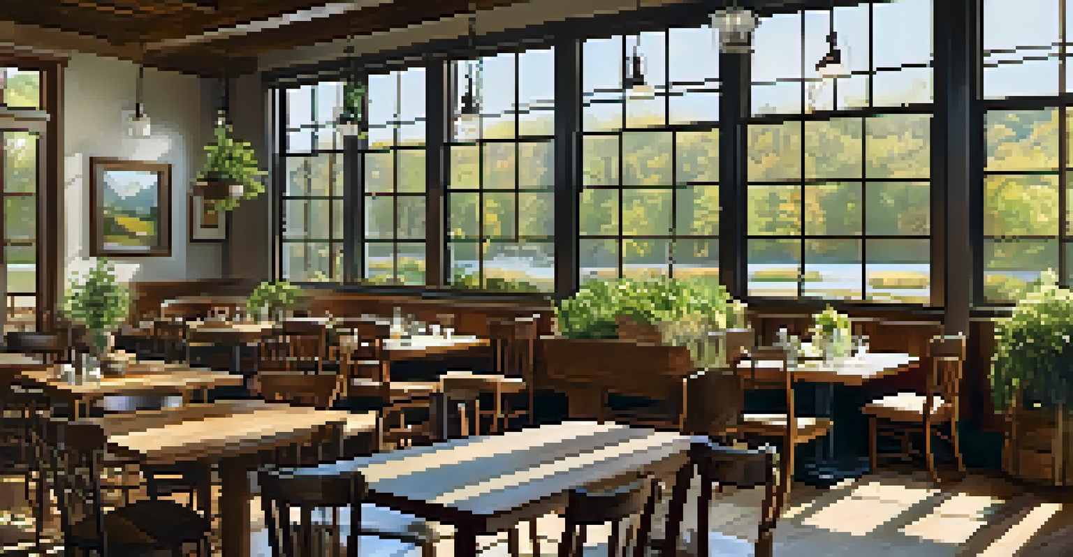 The interior of a farm-to-table restaurant in Pittsburgh with a wooden table set with local dishes and decor.