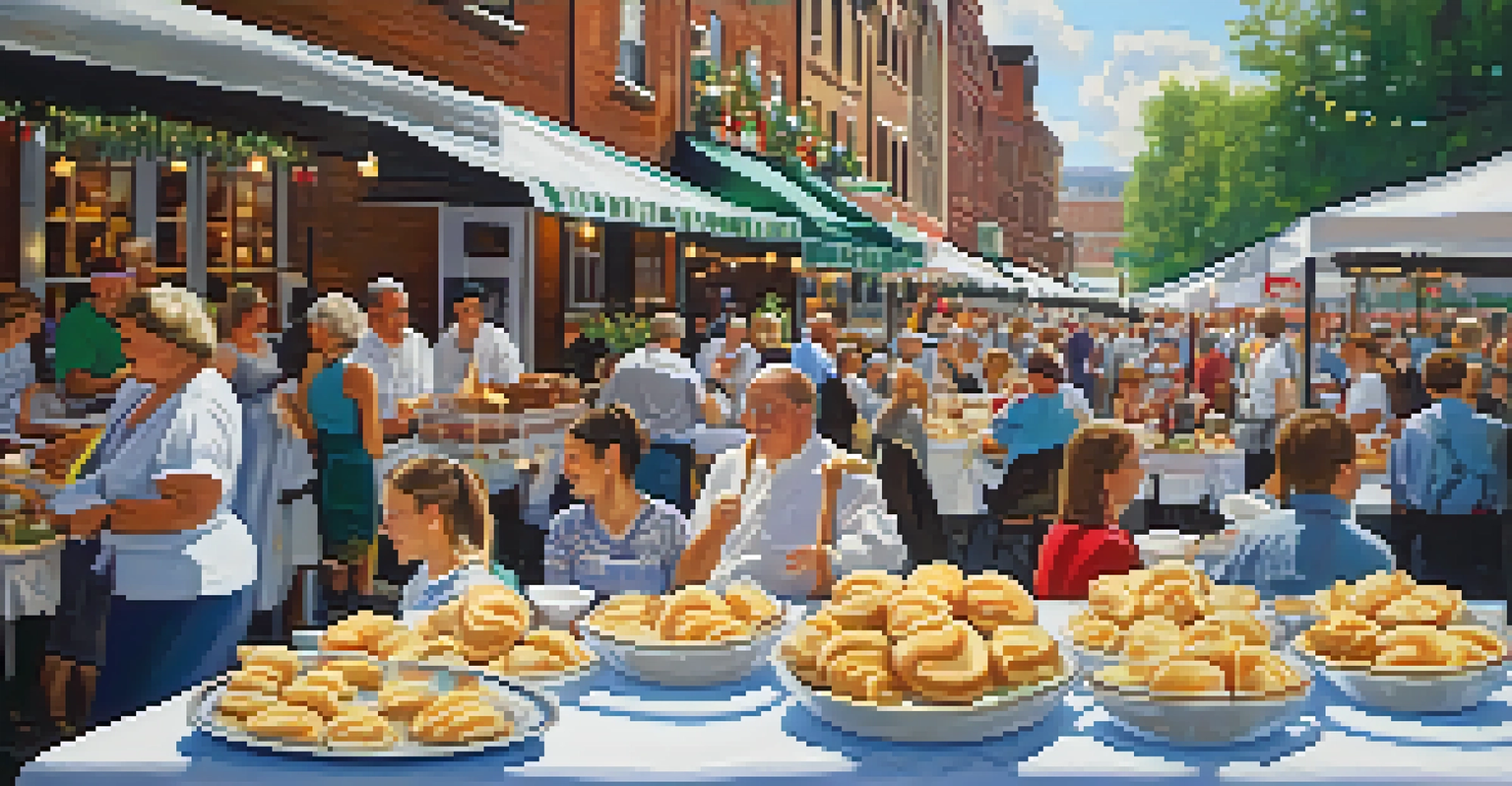 A vibrant Polish festival scene featuring traditional pierogies on a table and a folk music performance, with attendees enjoying the cultural experience.