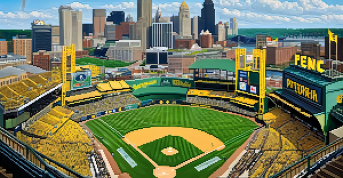 Aerial view of a baseball park filled with fans, with the Pittsburgh skyline in the background.