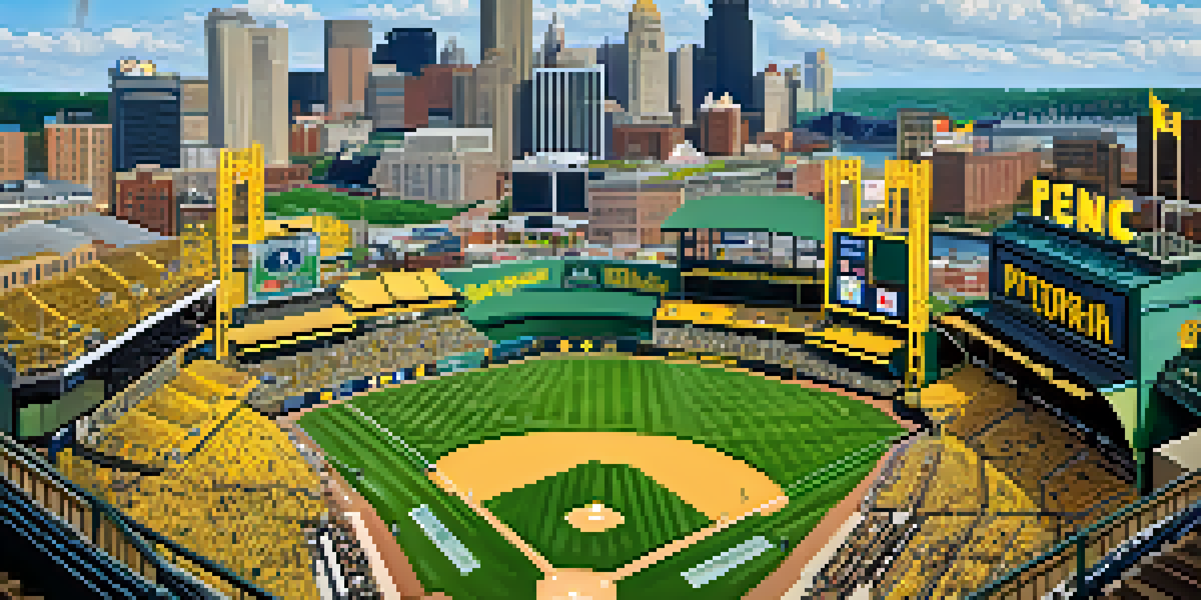 Aerial view of a baseball park filled with fans, with the Pittsburgh skyline in the background.