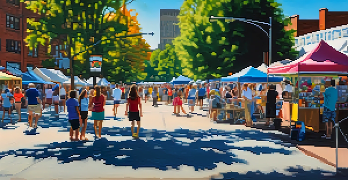 A lively street scene at the Three Rivers Arts Festival in Pittsburgh, with artists displaying their colorful artworks and crowds enjoying music and food.