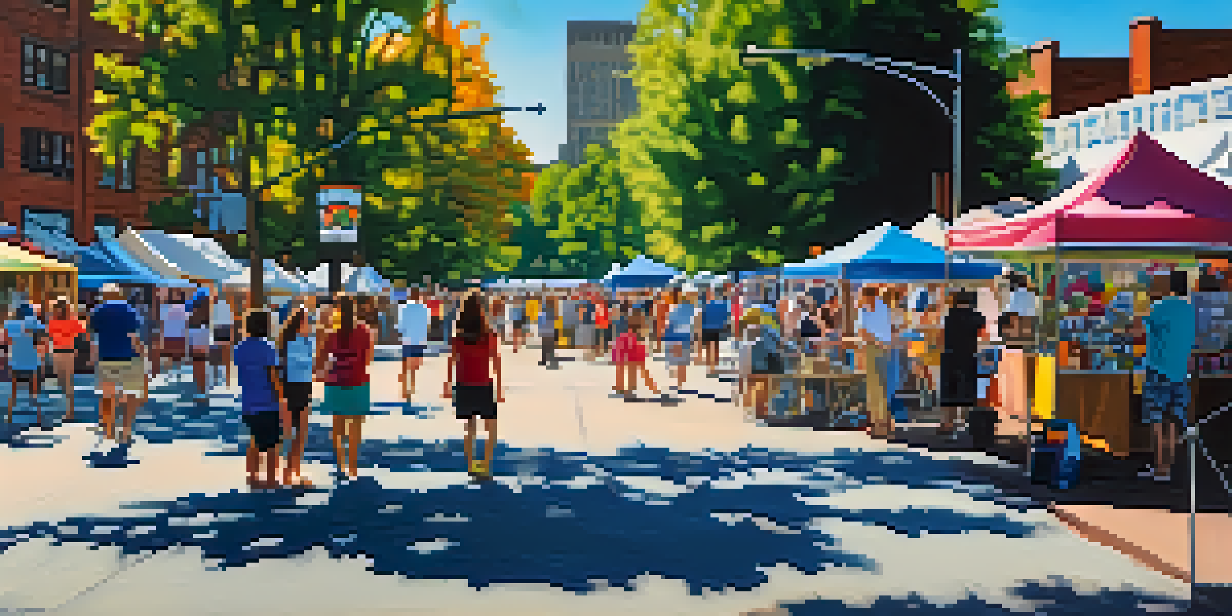 A lively street scene at the Three Rivers Arts Festival in Pittsburgh, with artists displaying their colorful artworks and crowds enjoying music and food.