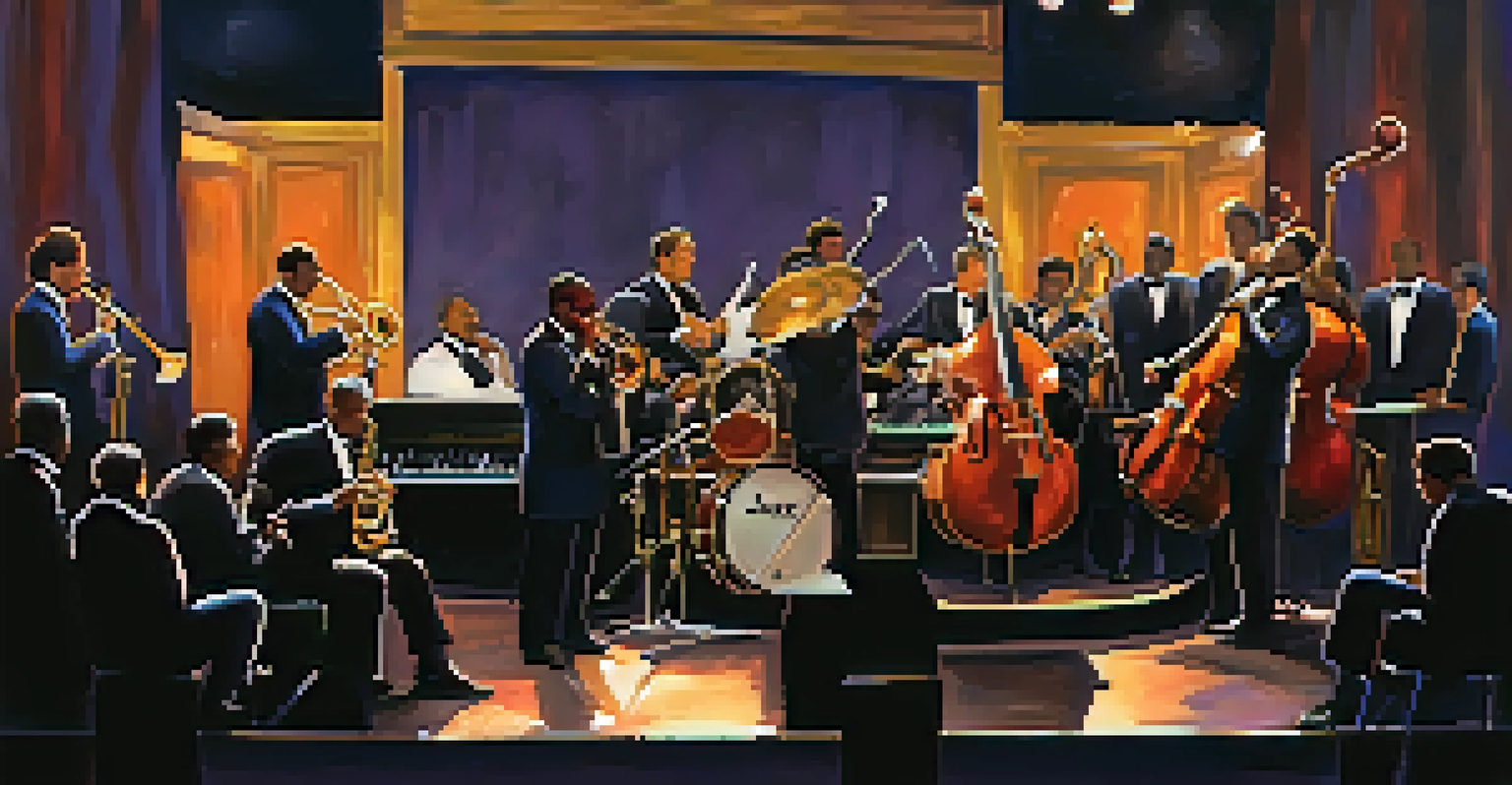 A cozy jazz festival scene with musicians performing on stage and an engaged audience enjoying the music in warm lighting.