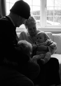 A baby on her grandmothers lap stares at a small dog, held by her grandfather. All sat on a sofa in a living room.