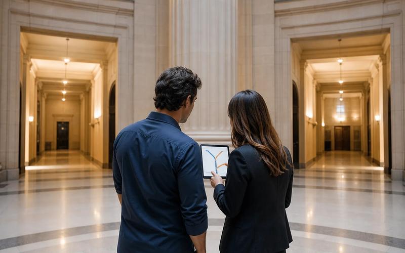 A defense attorney and client reviewing two possible case paths on a tablet inside a courthouse