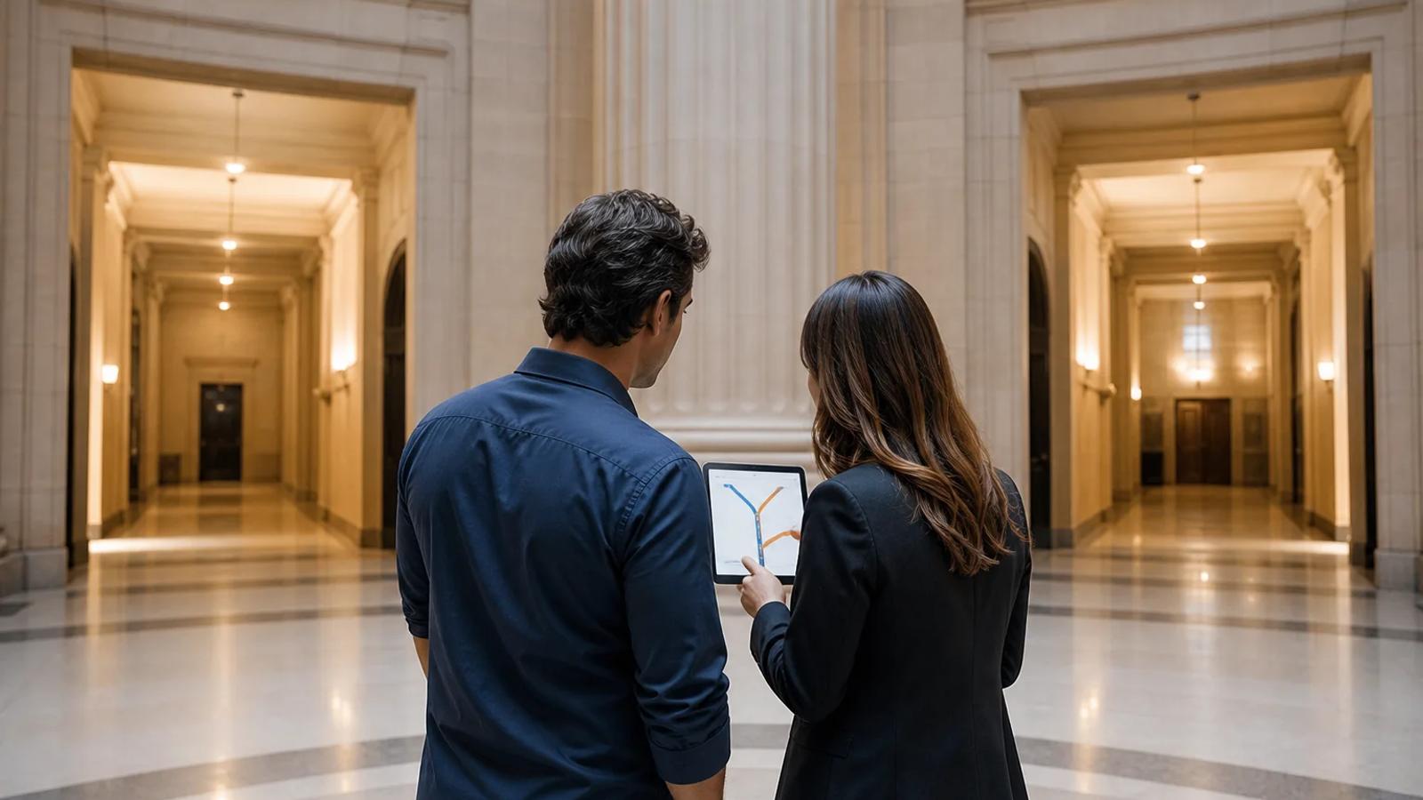 A defense attorney and client reviewing two possible case paths on a tablet inside a courthouse