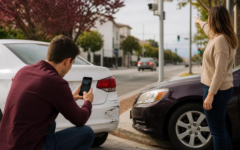 A safe roadside scene where a witness photographs a departing vehicle while another person calls for help