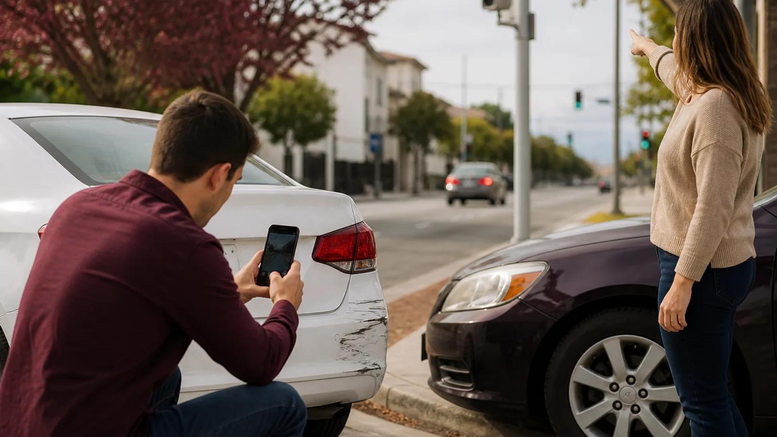 A safe roadside scene where a witness photographs a departing vehicle while another person calls for help