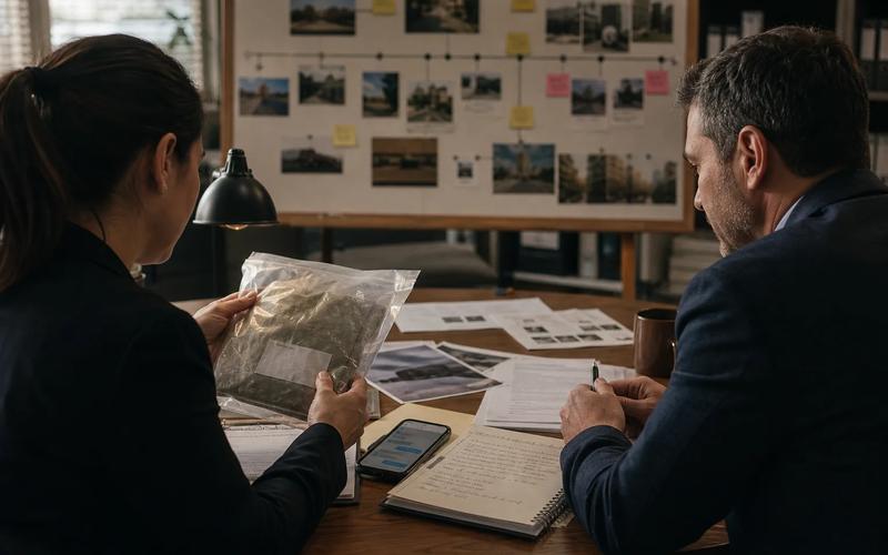 A person and defense attorney studying an evidence-location diagram beside sealed laboratory paperwork
