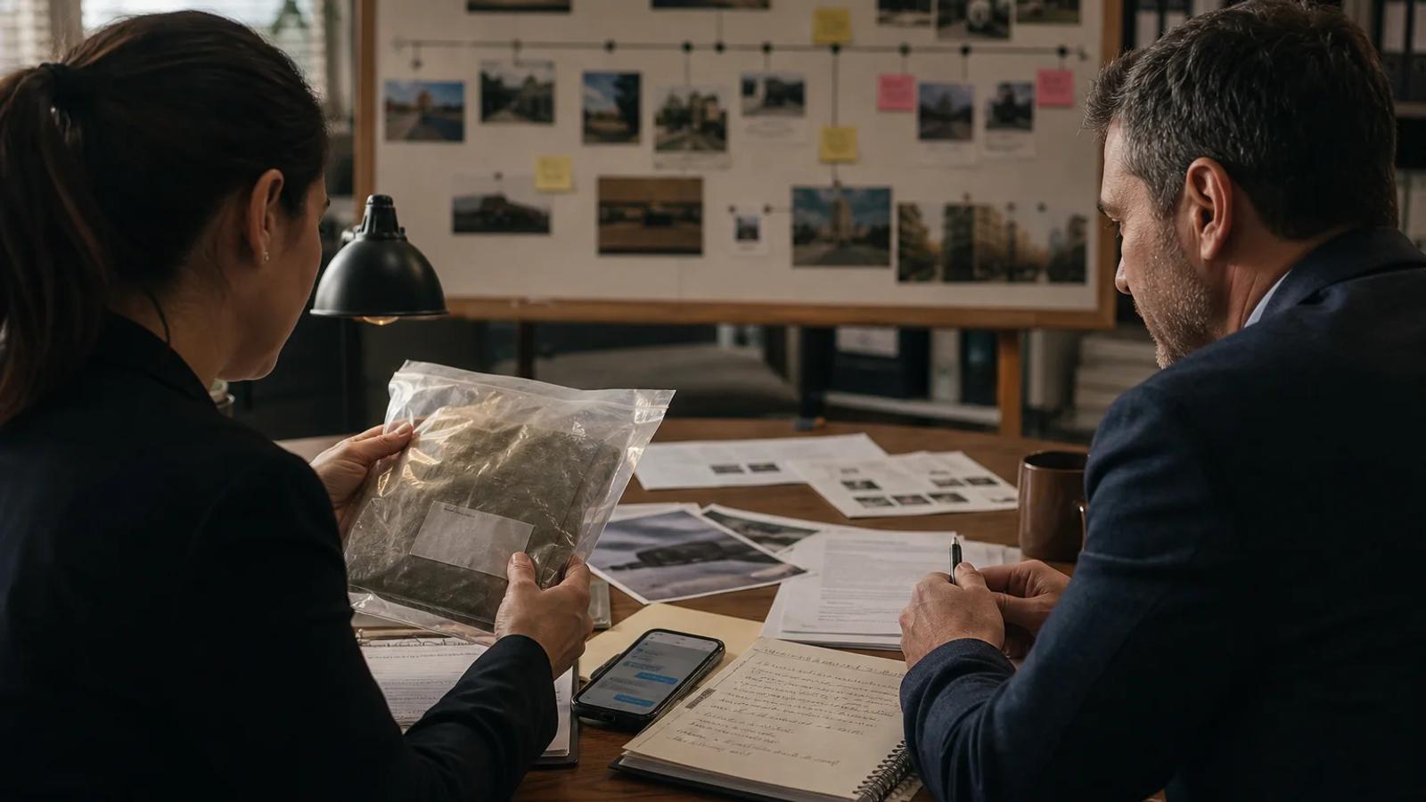 A person and defense attorney studying an evidence-location diagram beside sealed laboratory paperwork