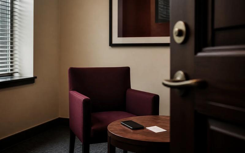 An unanswered phone beside a blank interview-room chair and an anonymous investigator card