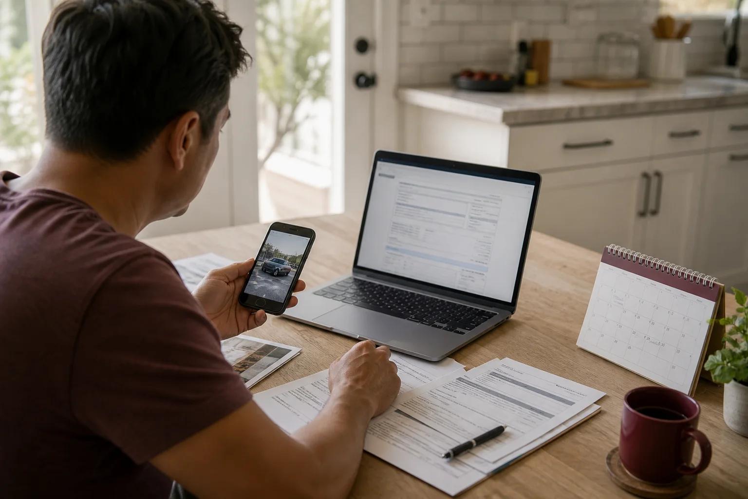 A driver organizing a police report number, California DMV SR-1 reminder, and insurance claim confirmation
