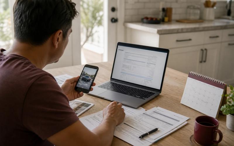A driver organizing a police report number, California DMV SR-1 reminder, and insurance claim confirmation