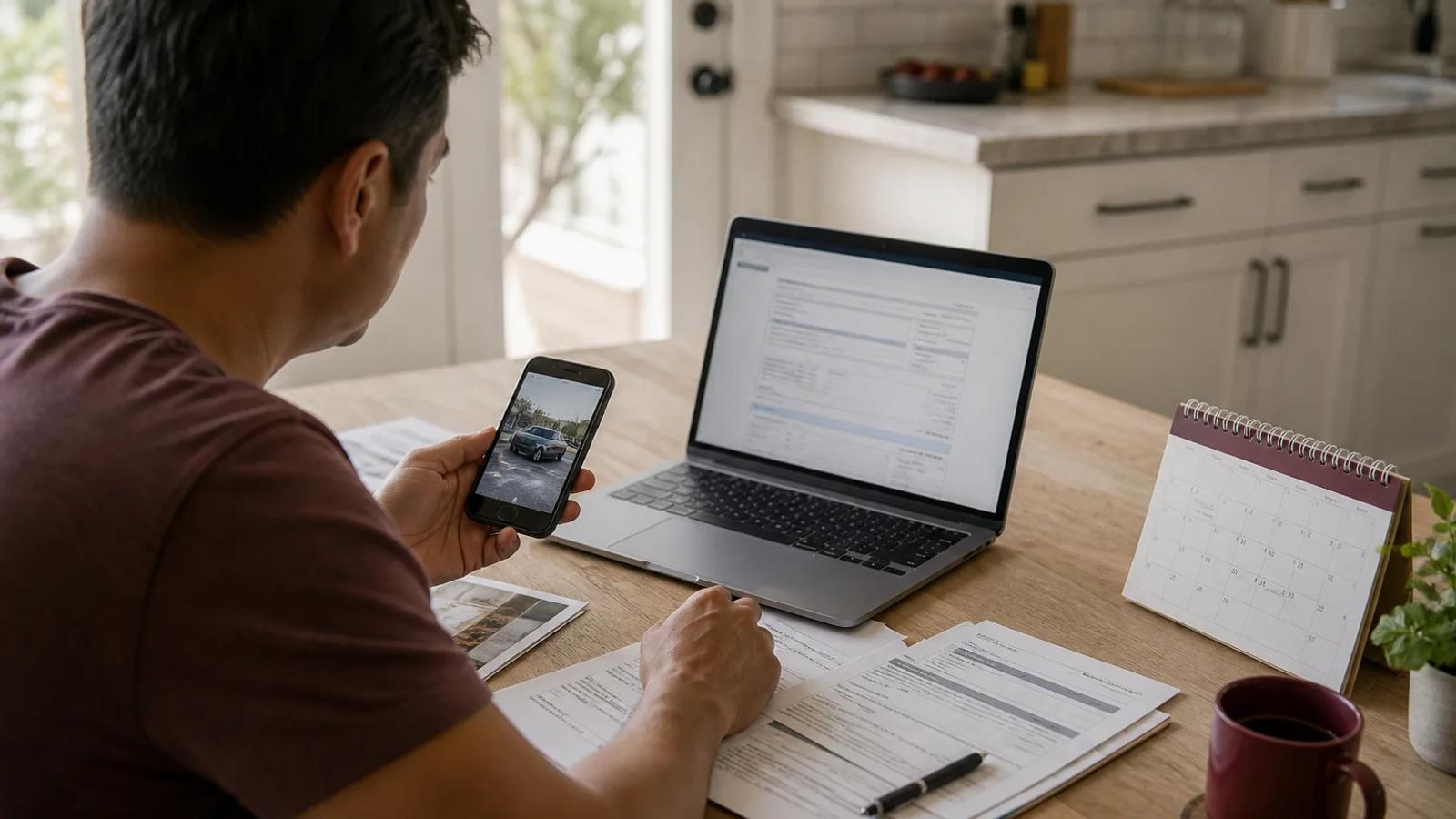 A driver organizing a police report number, California DMV SR-1 reminder, and insurance claim confirmation