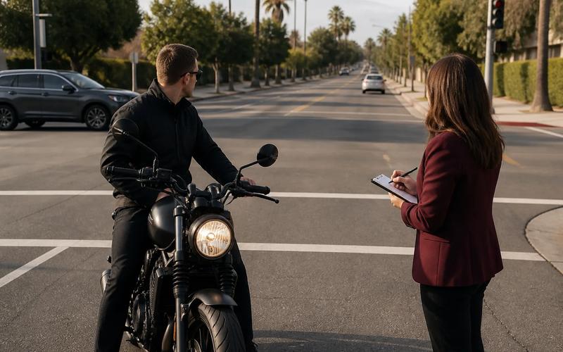 An investigator comparing a driver's mirror view with motorcycle headlight, lane position, and traffic-camera footage