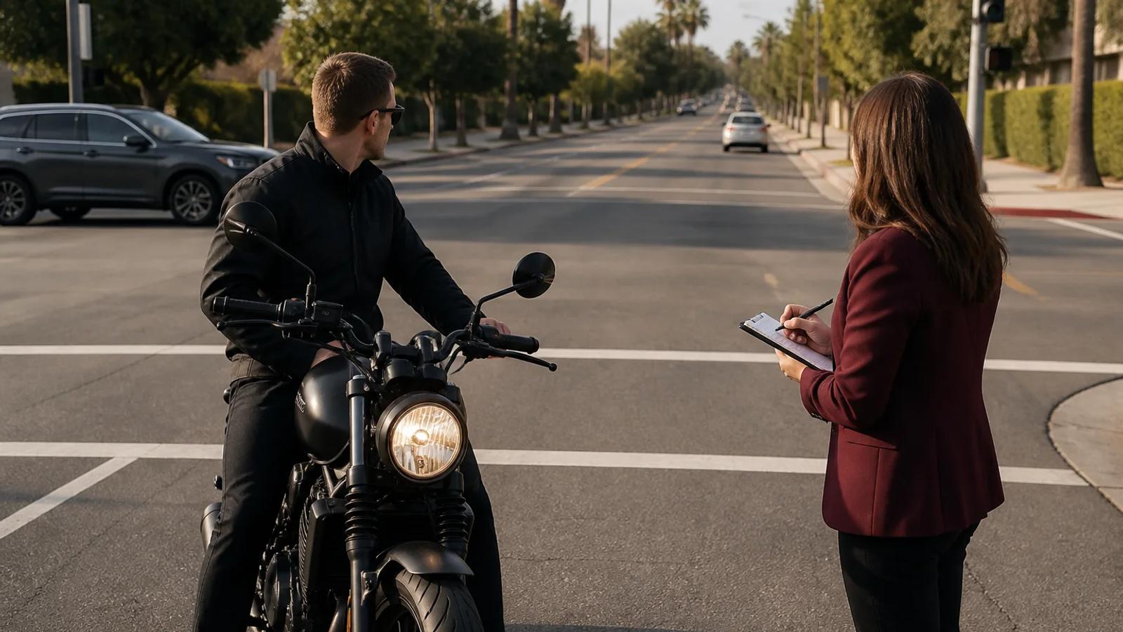 An investigator comparing a driver's mirror view with motorcycle headlight, lane position, and traffic-camera footage