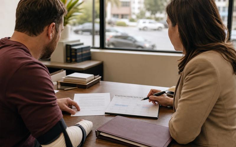 An injured person and counsel reading a settlement release beside medical and wage-loss records