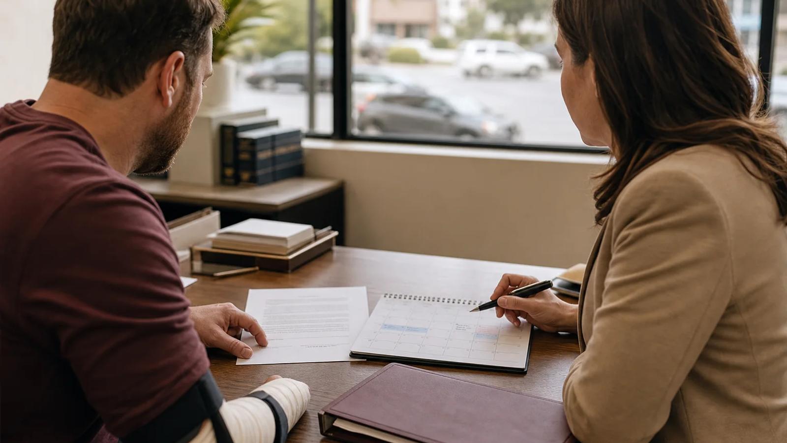 An injured person and counsel reading a settlement release beside medical and wage-loss records