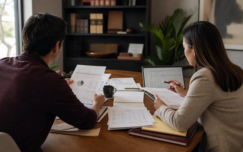 An injured worker organizing medical restrictions, schedules, pay records, and tax documents