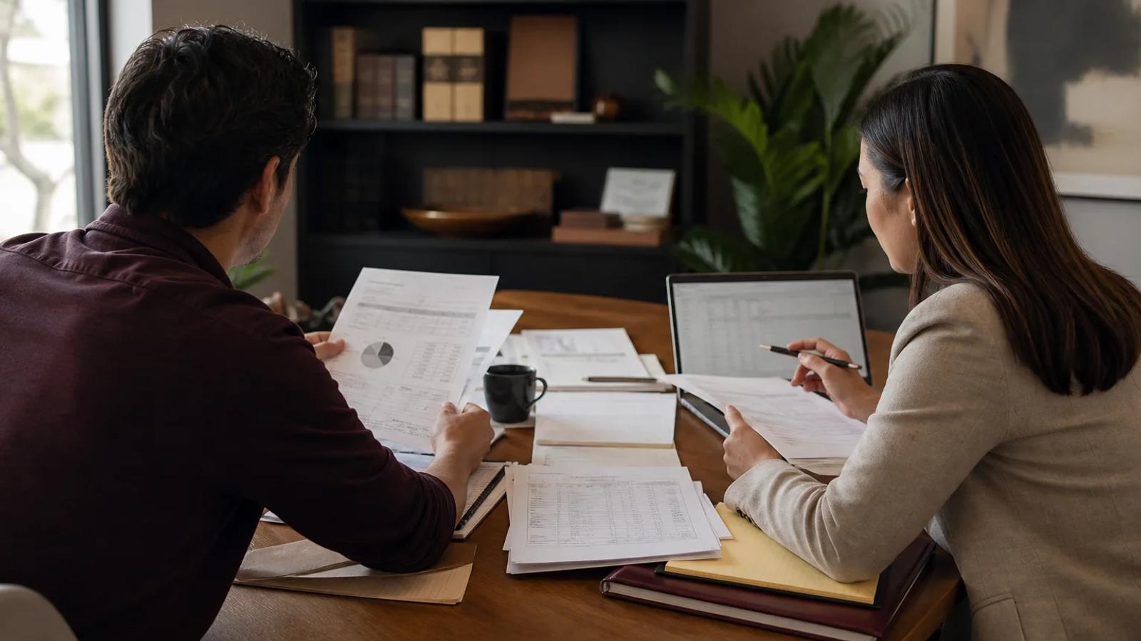 An injured worker organizing medical restrictions, schedules, pay records, and tax documents