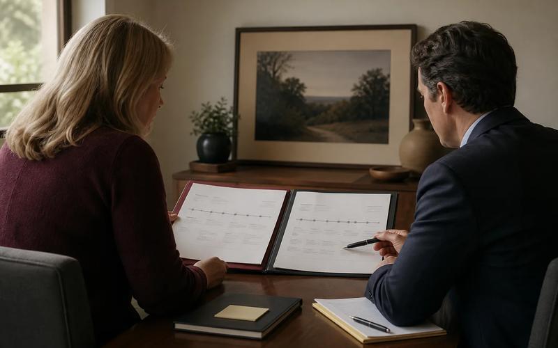A family and estate representative comparing two clearly separated legal paths beside memorial records