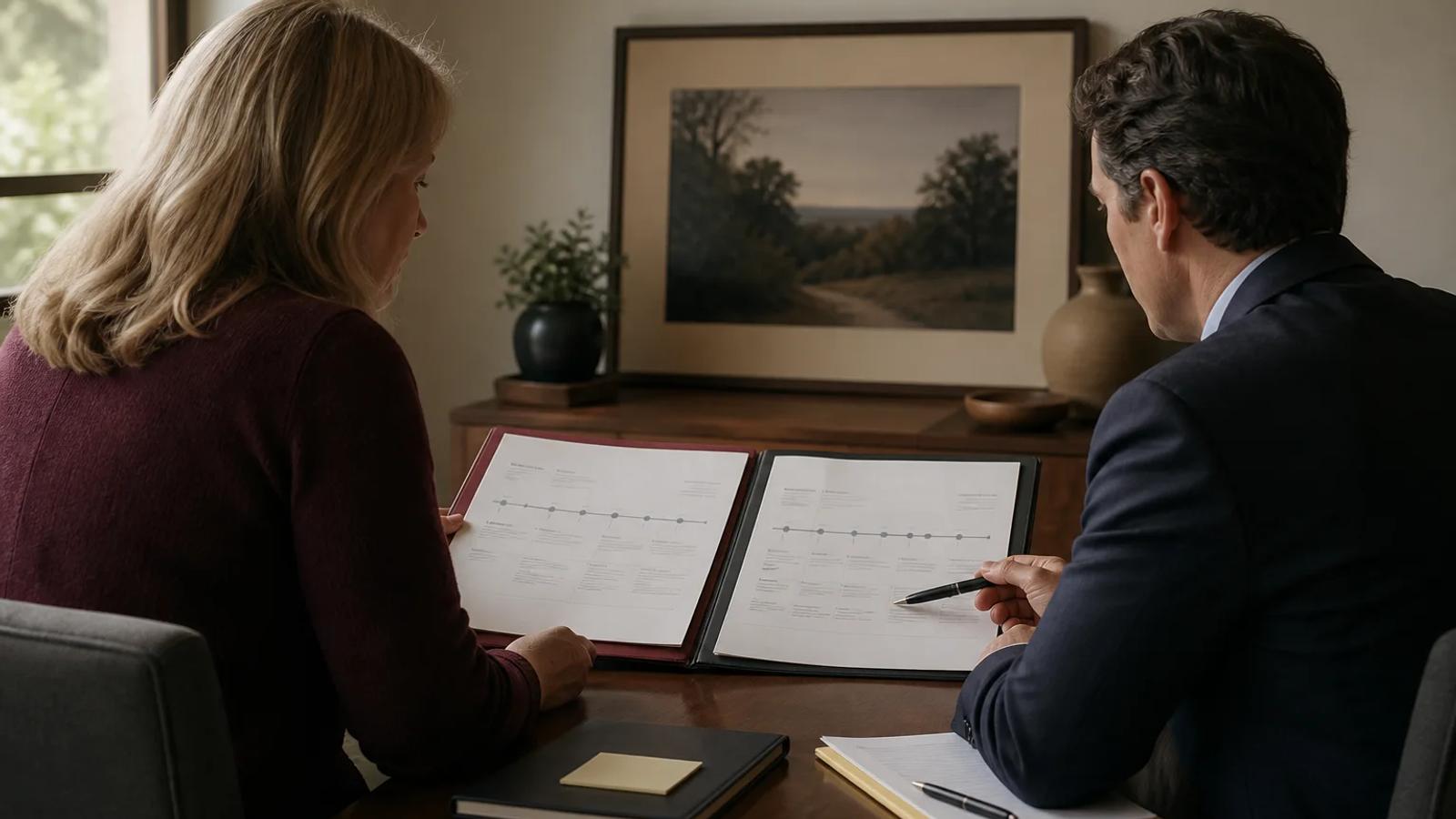 A family and estate representative comparing two clearly separated legal paths beside memorial records