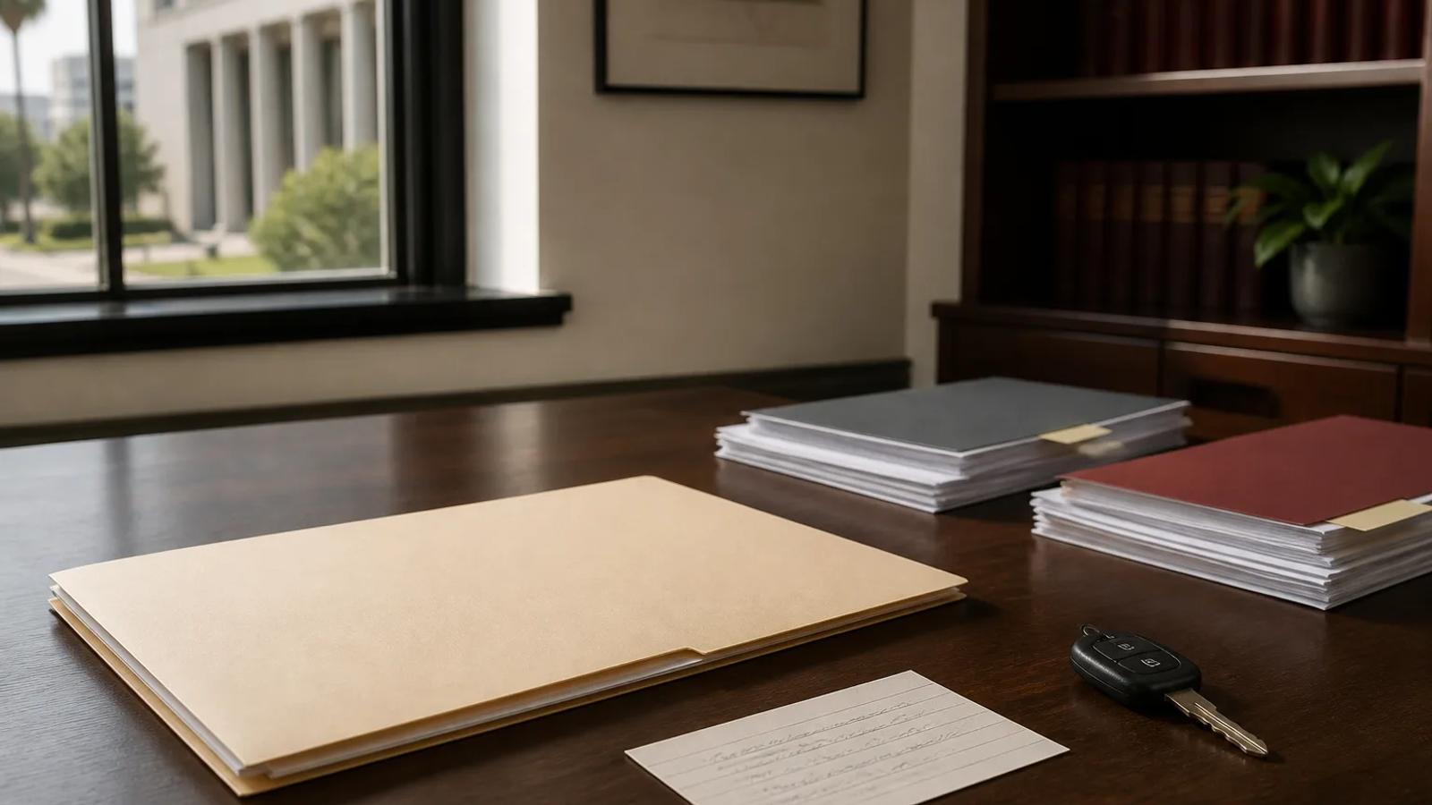 One anonymous case folder, a court-date card, and a car key on a conference table
