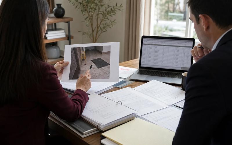 An investigator comparing a prior complaint log with inspection timing and security footage of a floor hazard