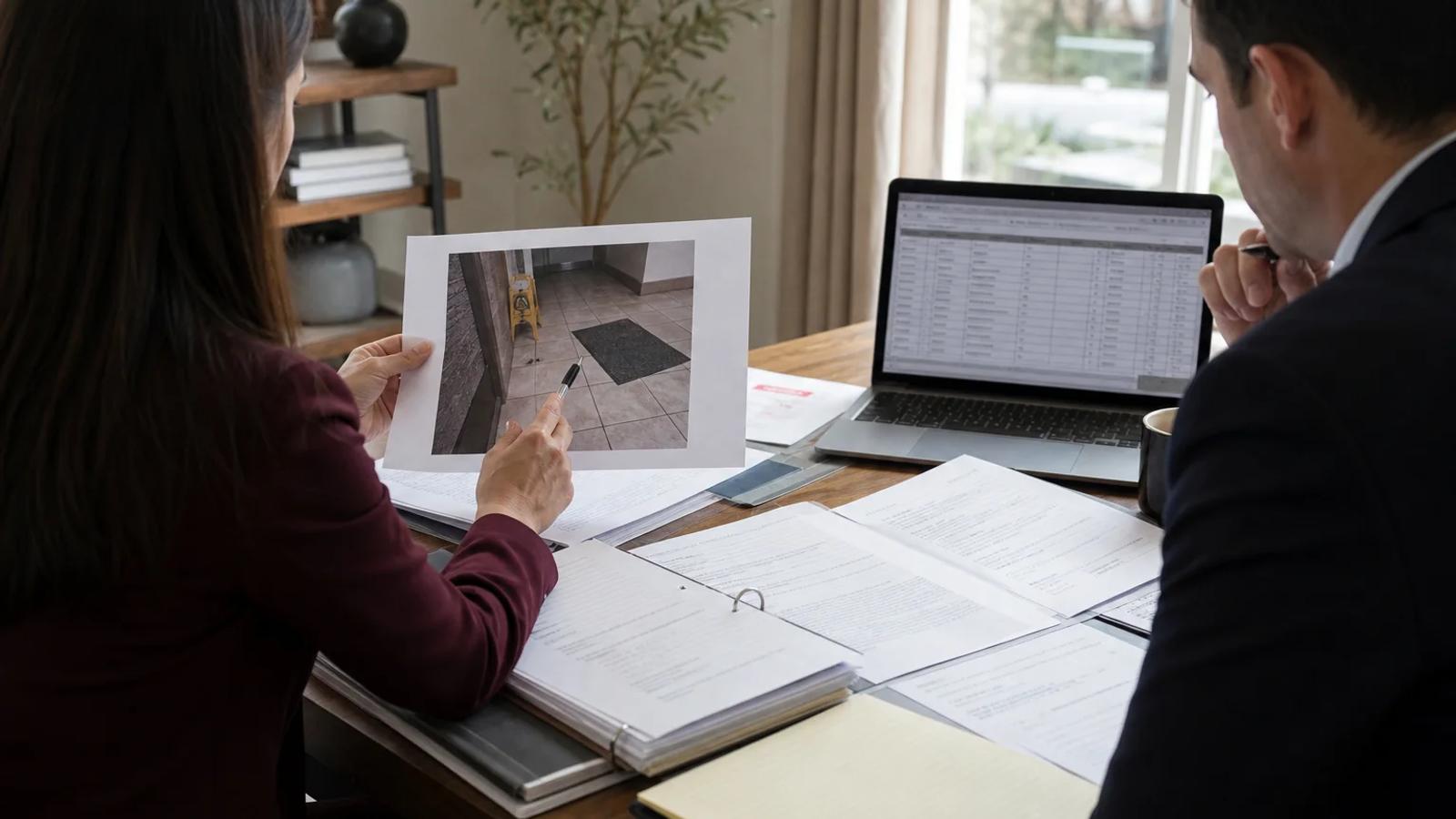 An investigator comparing a prior complaint log with inspection timing and security footage of a floor hazard