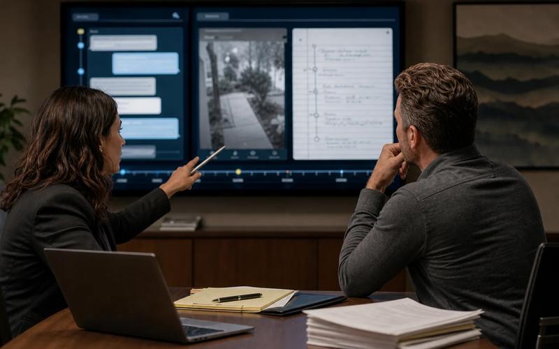 A defense attorney and client reviewing a complete message thread, security image, and event timeline