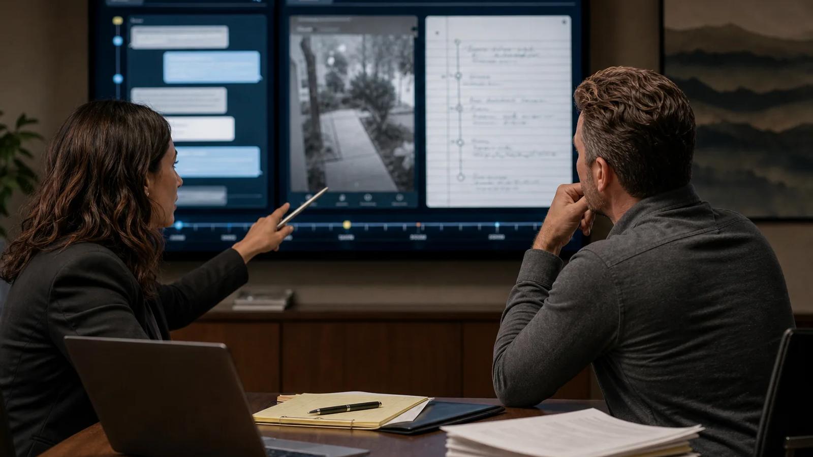 A defense attorney and client reviewing a complete message thread, security image, and event timeline