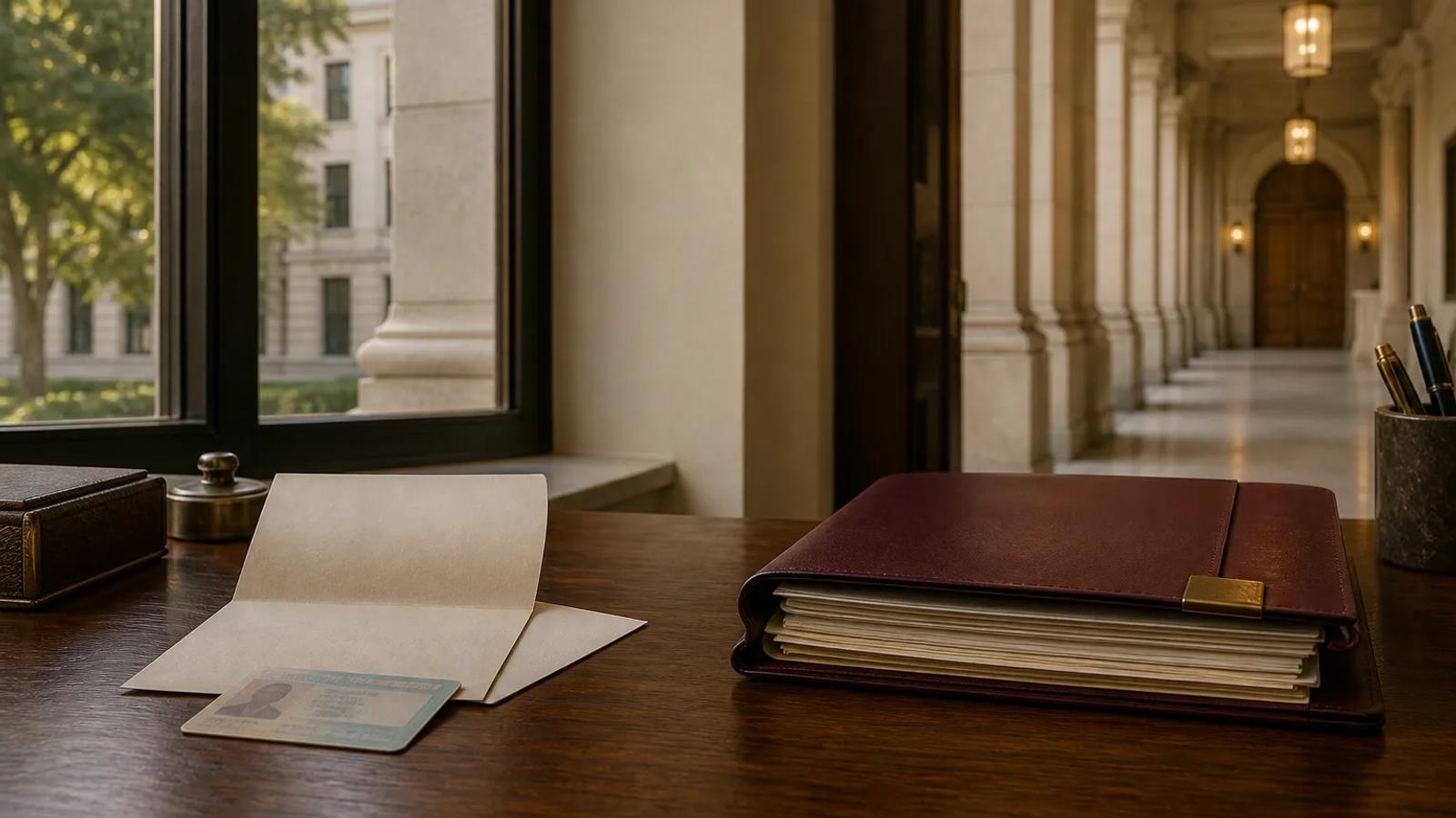 An anonymous license notice and a court case folder arranged on opposite sides of a courthouse-office table