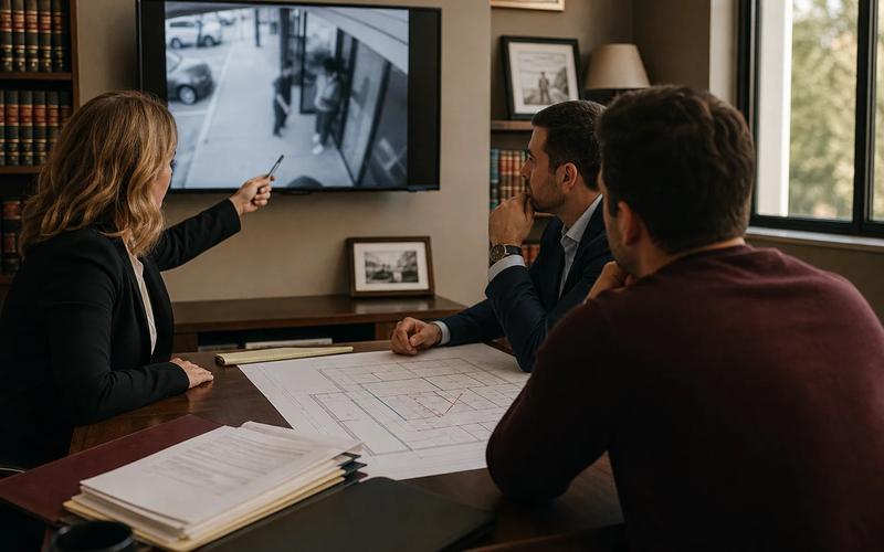 A defense attorney and client reconstructing distances and movements from a public-place security-camera view