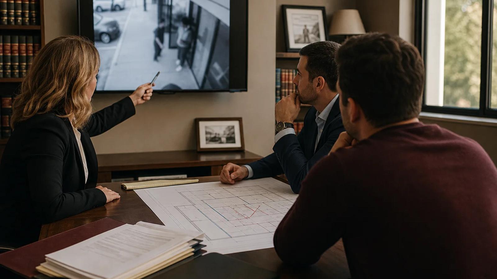 A defense attorney and client reconstructing distances and movements from a public-place security-camera view