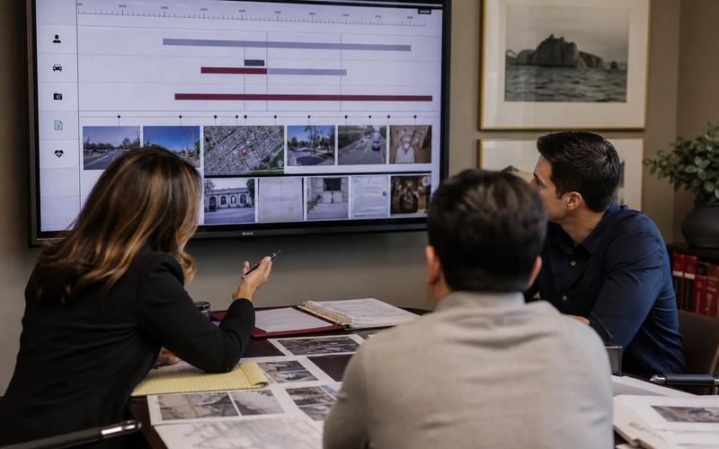 An investigator and attorney aligning security footage, a witness map, and medical chronology on a wall