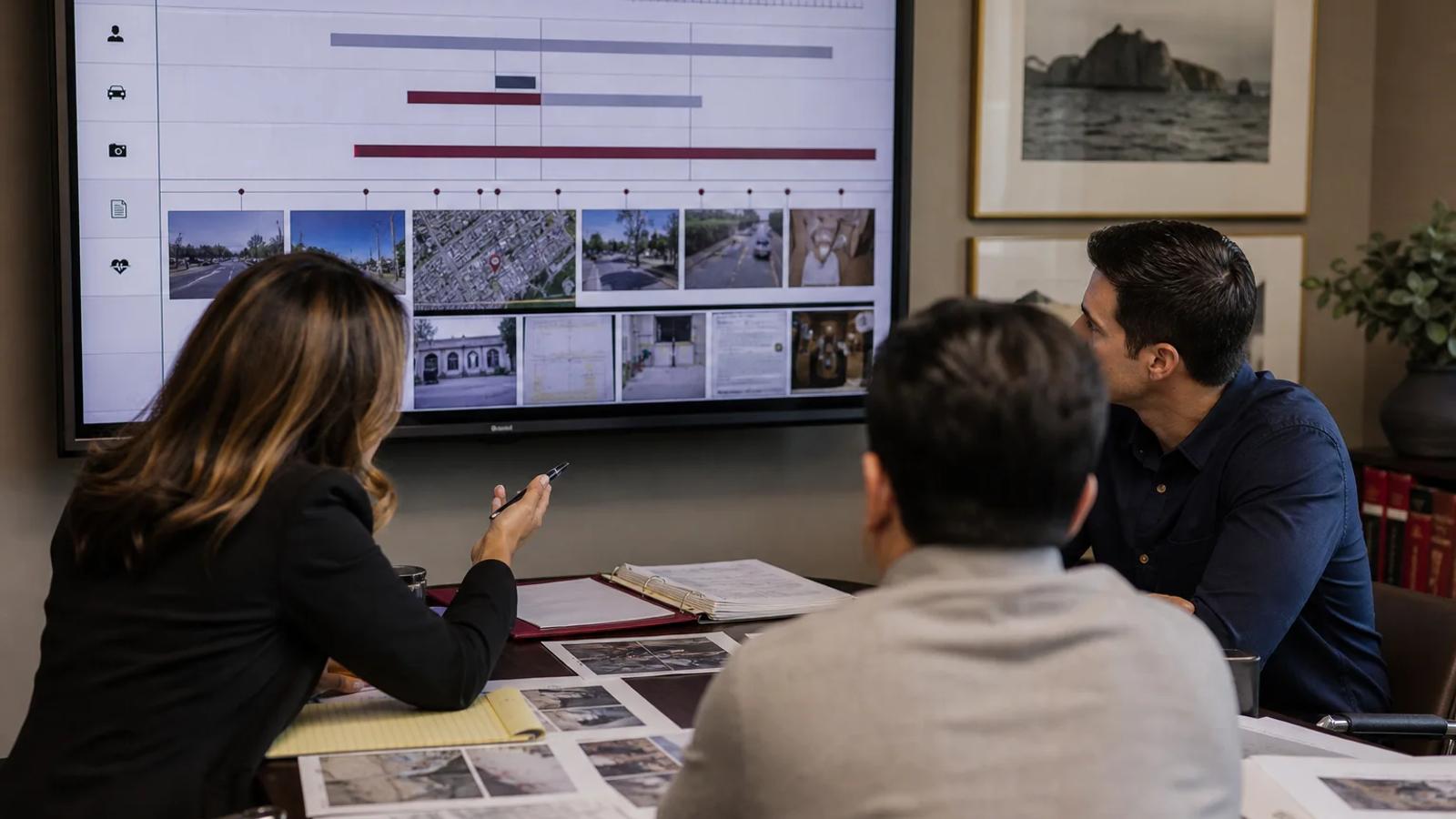 An investigator and attorney aligning security footage, a witness map, and medical chronology on a wall