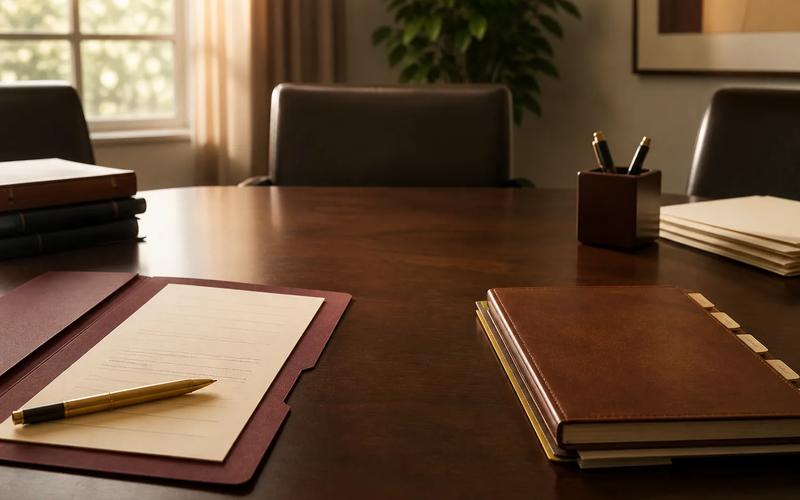 Two organized case paths on a conference table, one with a plea form and one with a trial notebook