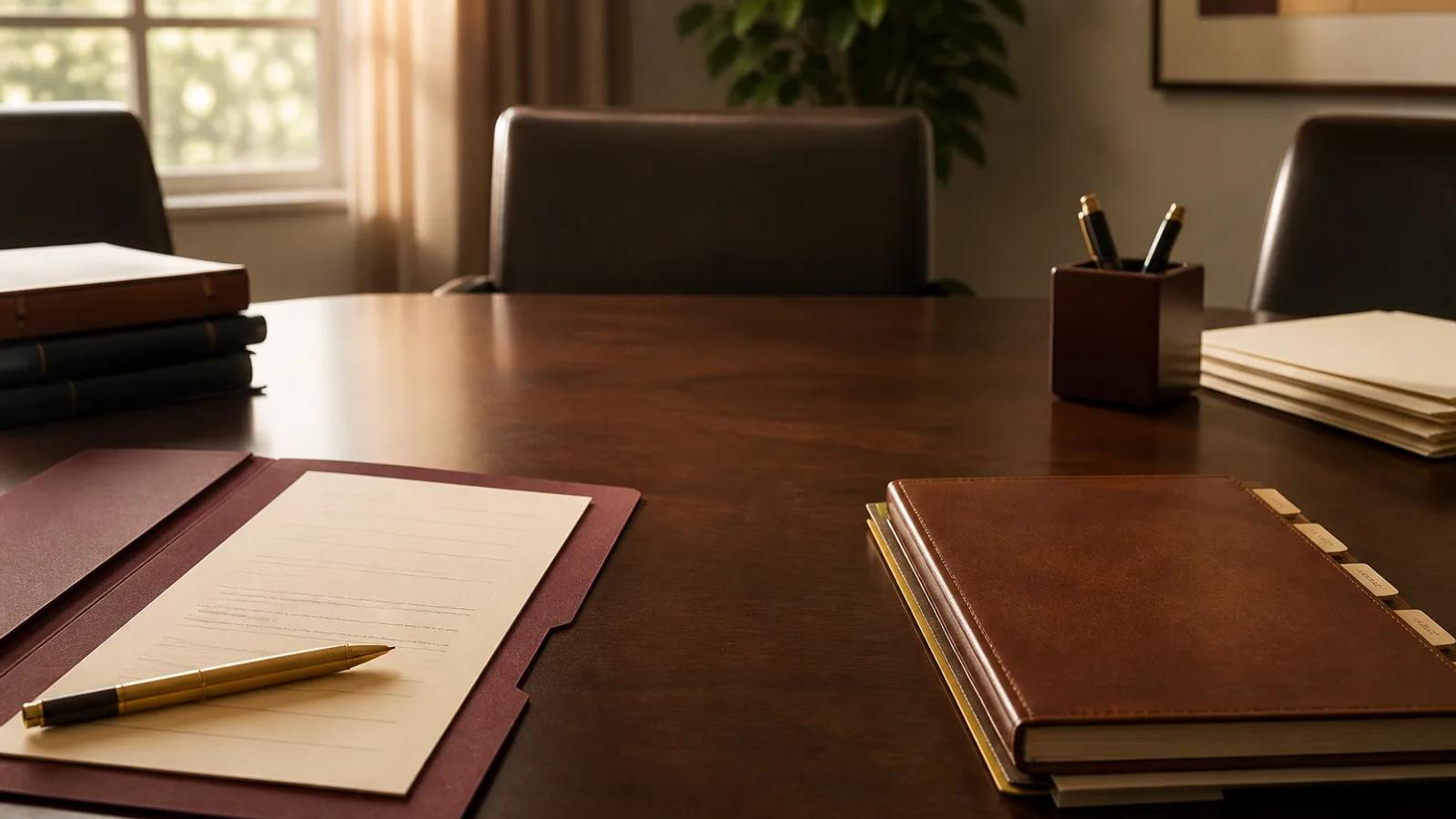Two organized case paths on a conference table, one with a plea form and one with a trial notebook