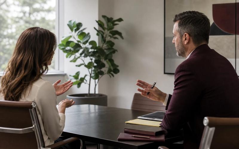An injured person preparing with counsel before a calm conference-room deposition