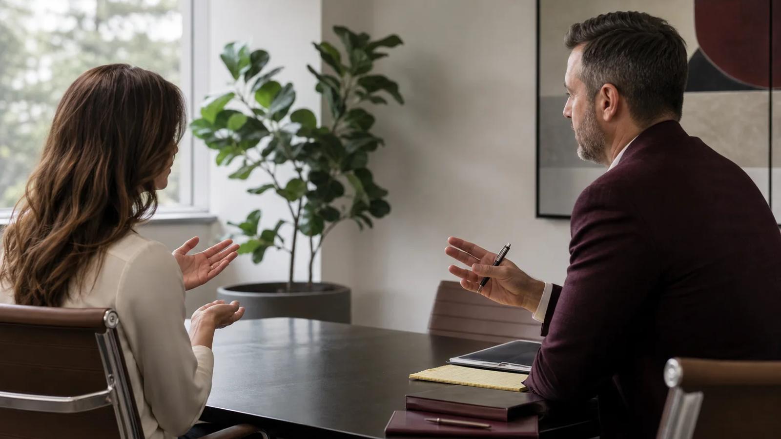 An injured person preparing with counsel before a calm conference-room deposition