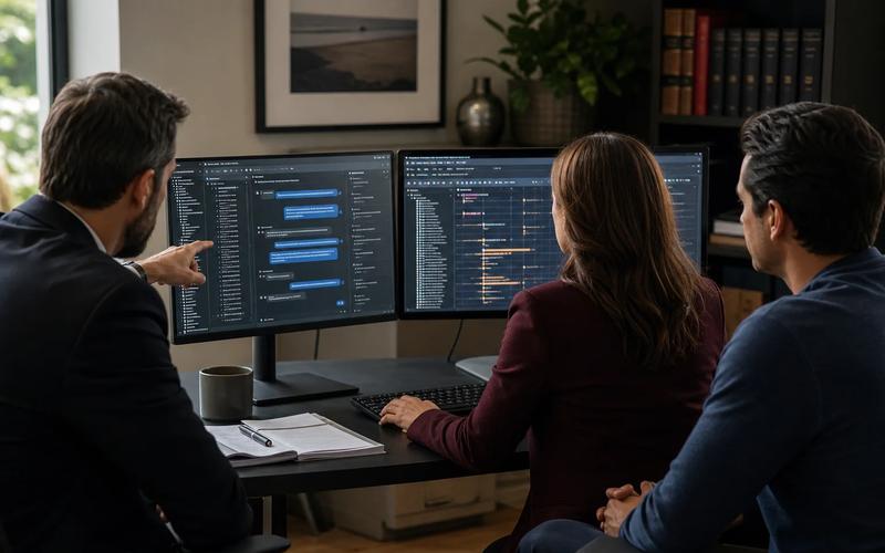 A forensic analyst and attorney reviewing a complete message timeline across a phone and laptop