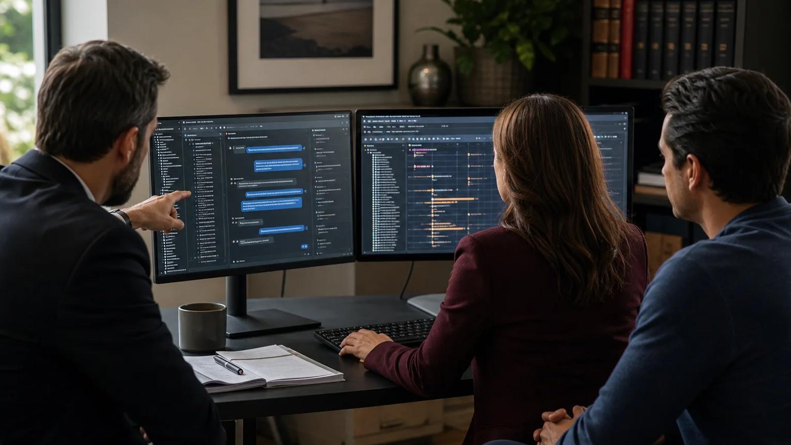 A forensic analyst and attorney reviewing a complete message timeline across a phone and laptop